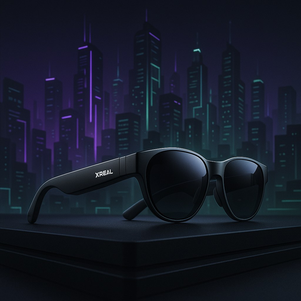 Futurystyczne okulary smart na czarnym tle z neonowymi akcentami.