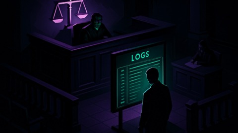 Scena w sądzie z cyfrowym ekranem i postacią w tle, w ciemnej kolorystyce.