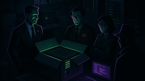 Ilustracja przedstawiająca fikcyjną agencję nieruchomości i przemyt superkomputerów.