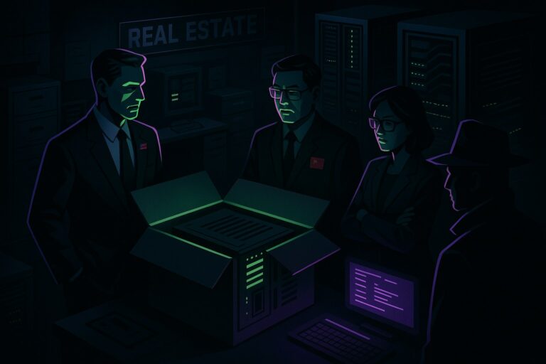 Ilustracja przedstawiająca fikcyjną agencję nieruchomości i przemyt superkomputerów.