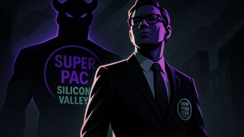 Ilustracja przedstawiająca polityka z Nowego Jorku w obliczu zagrożenia ze strony Super PAC.