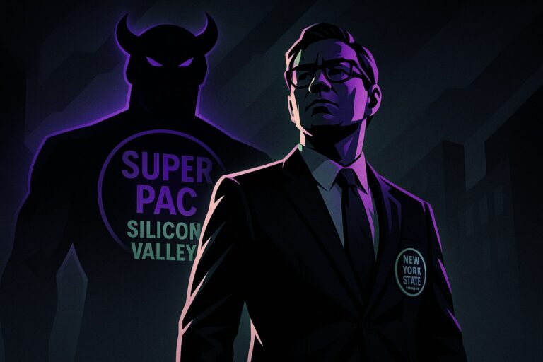 Ilustracja przedstawiająca polityka z Nowego Jorku w obliczu zagrożenia ze strony Super PAC.