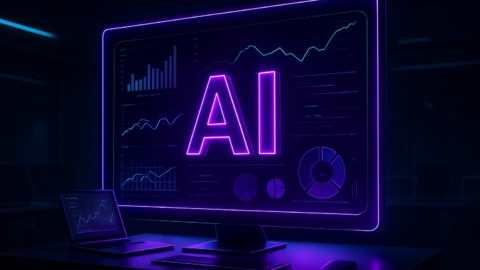 Futurystyczne biuro z interfejsem AI w neonowych kolorach na ciemnym tle.