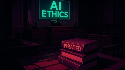 Ilustracja przedstawiająca salę sądową z książkami i ekranem o tematyce AI.