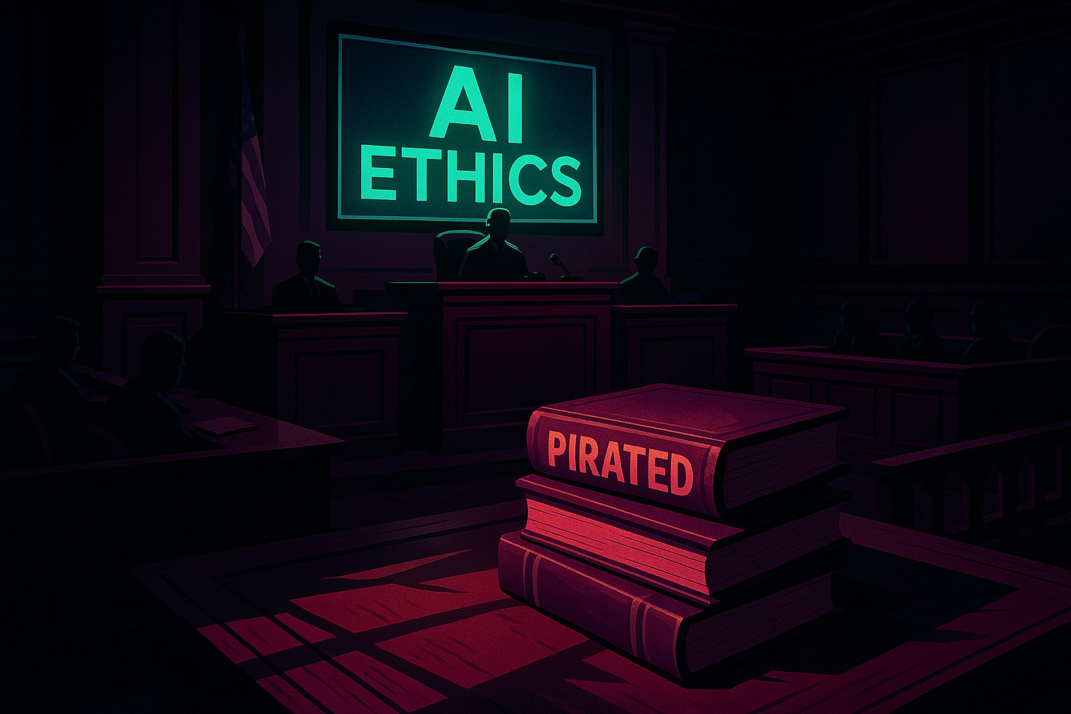 Ilustracja przedstawiająca salę sądową z książkami i ekranem o tematyce AI.