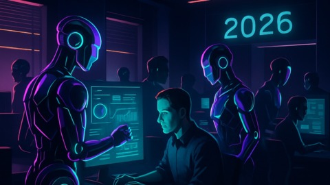 Futurystyczne biuro z robotami AI i ludźmi pracującymi razem w 2026 roku.