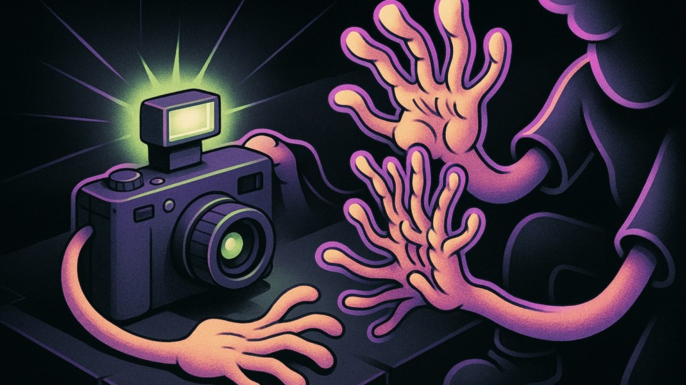 Ilustracja przedstawiająca surrealistyczną scenę z niskiej jakości aparatem.