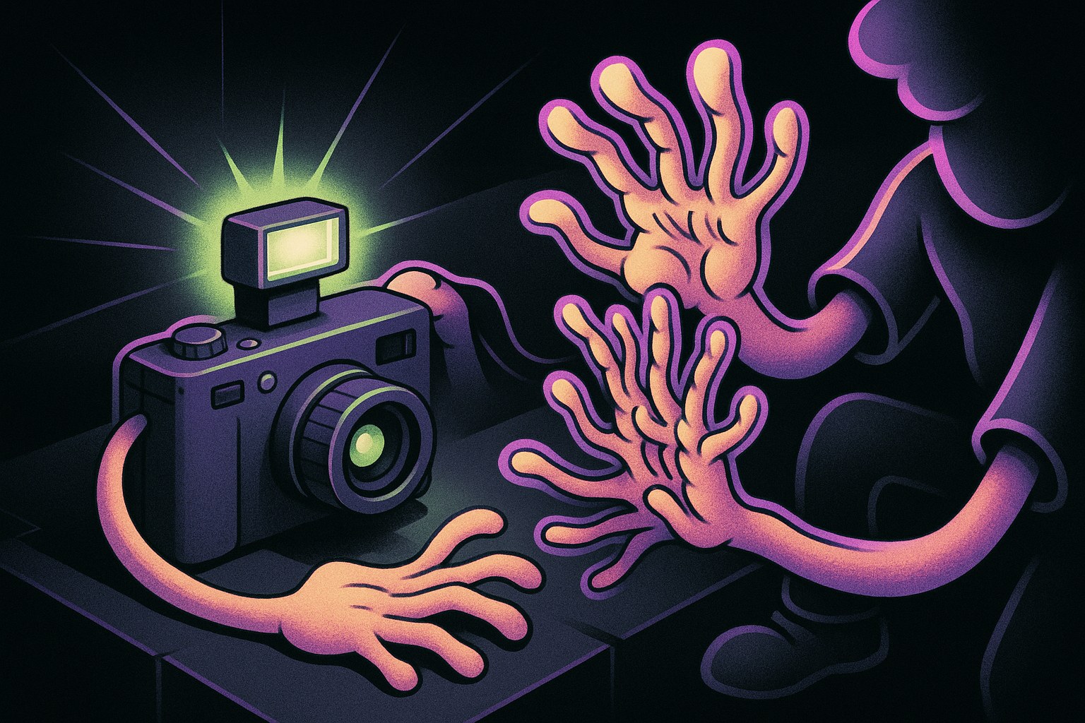 Ilustracja przedstawiająca surrealistyczną scenę z niskiej jakości aparatem.