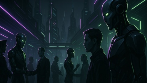 Futurystyczne miasto w 2026 roku z robotami i agentami AI.