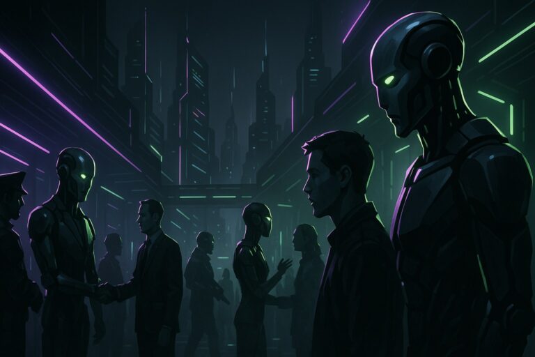 Futurystyczne miasto w 2026 roku z robotami i agentami AI.