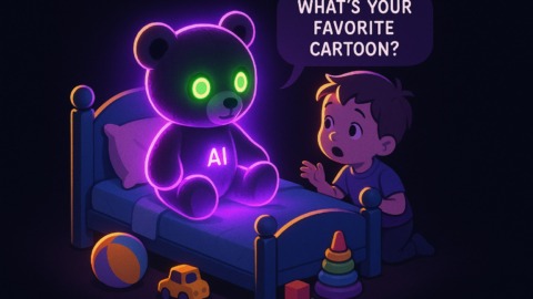 Ilustracja przedstawiająca pluszowego misia z AI w pokoju dziecka.