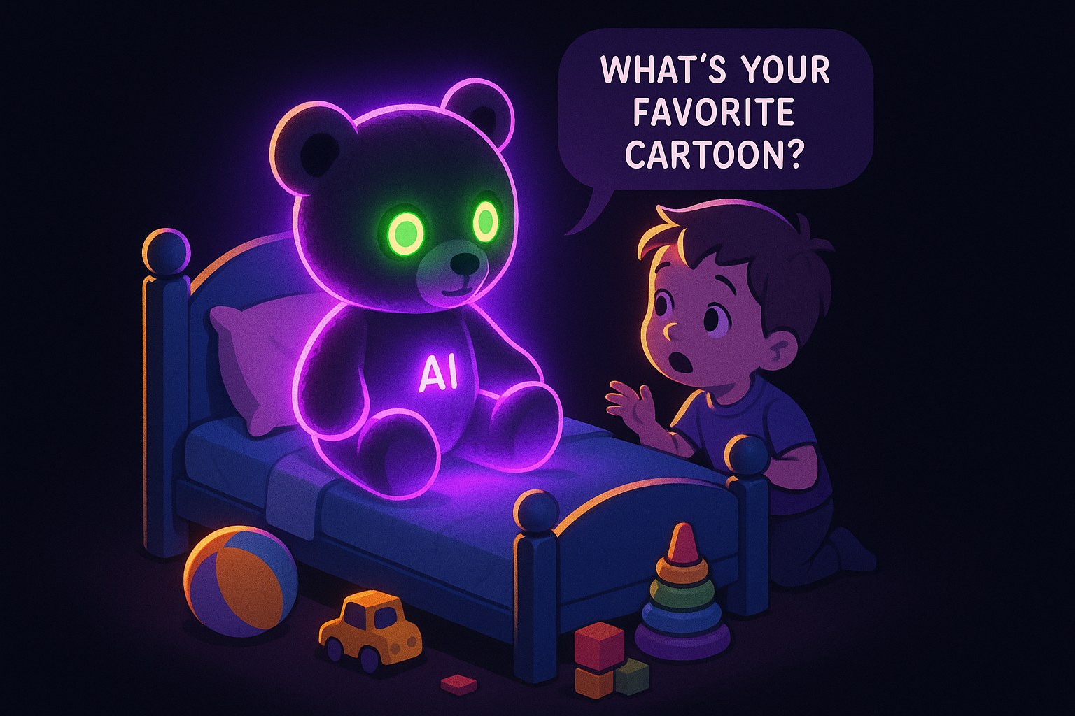 Ilustracja przedstawiająca pluszowego misia z AI w pokoju dziecka.