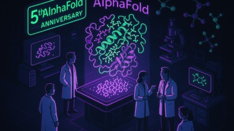 Ilustracja laboratorium z naukowcami i holograficznymi strukturami białek.