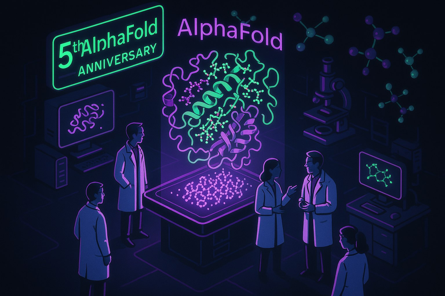 Ilustracja laboratorium z naukowcami i holograficznymi strukturami białek.