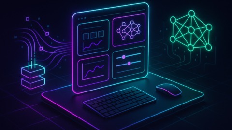 Futurystyczne biuro z interfejsem do budowy modeli AI w stylu 2.5D.