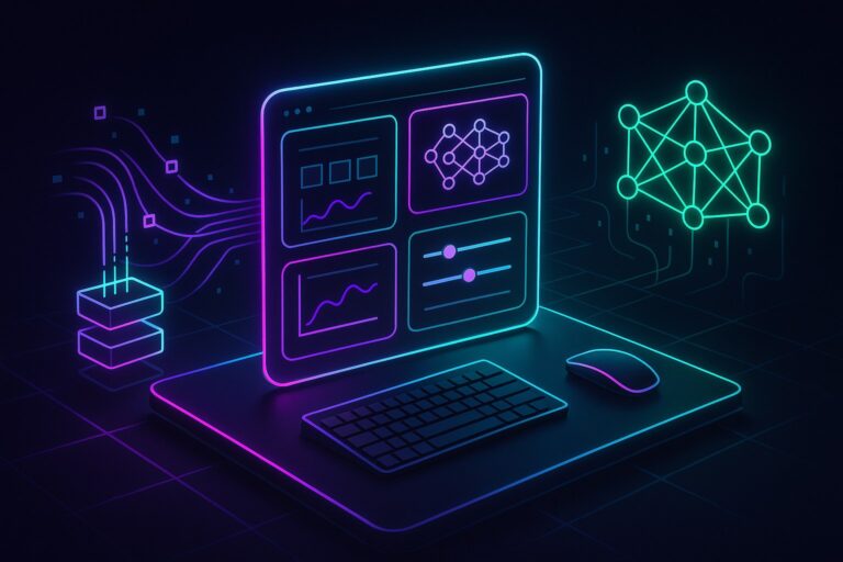 Futurystyczne biuro z interfejsem do budowy modeli AI w stylu 2.5D.