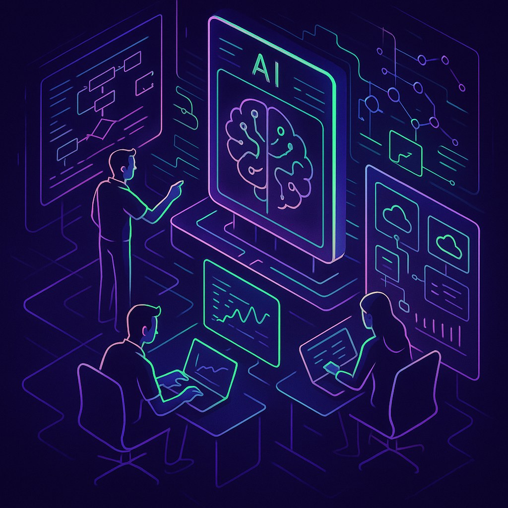 Futurystyczne biuro z użytkownikami budującymi modele AI w neonowych kolorach.