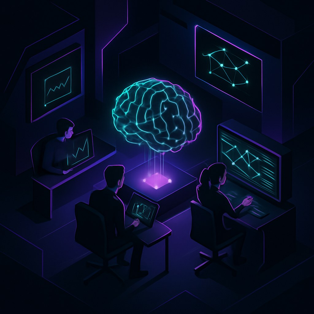 Futurystyczne biuro do budowy modeli AI w stylu 2.5D z neonowymi akcentami.