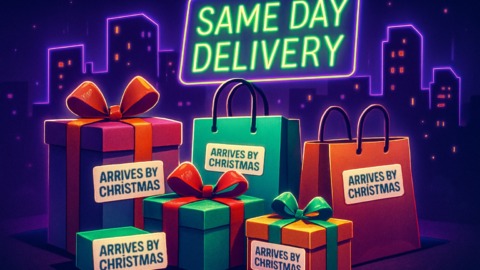 Ilustracja przedstawiająca ostatnią chwilę zakupów świątecznych z prezentami i miastem w tle.