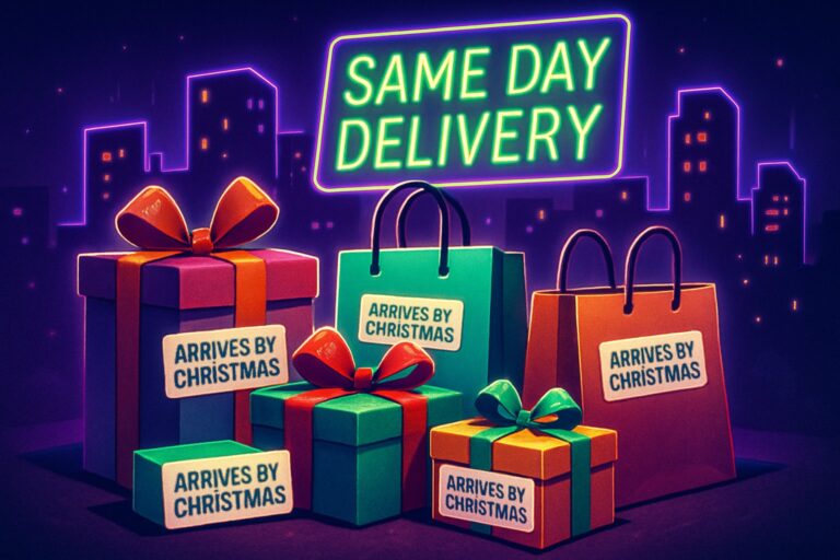 Ilustracja przedstawiająca ostatnią chwilę zakupów świątecznych z prezentami i miastem w tle.