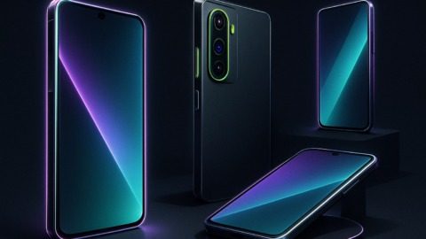 Ilustracja przedstawiająca nowoczesne smartfony Android na ciemnym tle.