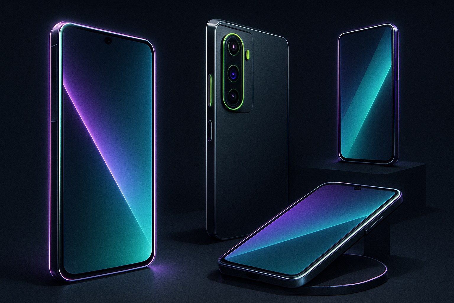 Ilustracja przedstawiająca nowoczesne smartfony Android na ciemnym tle.