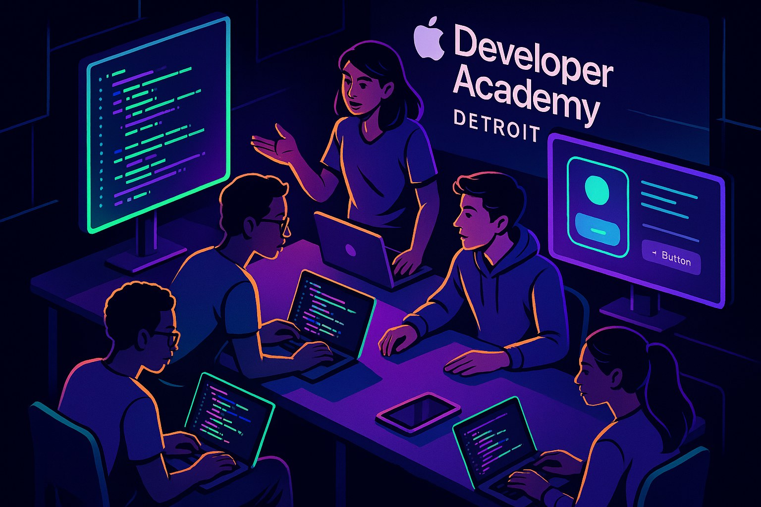 Grupa studentów pracujących nad kodowaniem w nowoczesnej klasie.