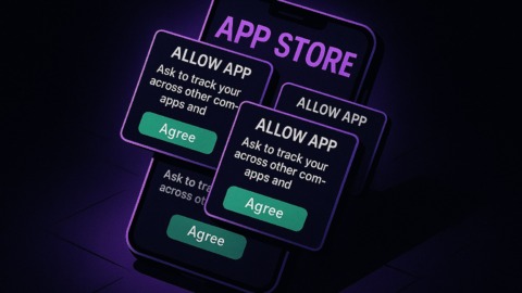 Ilustracja przedstawiająca smartfon z wieloma oknami zgody na śledzenie.