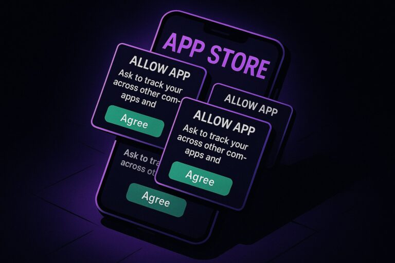 Ilustracja przedstawiająca smartfon z wieloma oknami zgody na śledzenie.