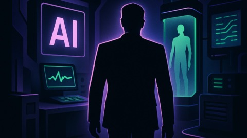 Ilustracja laboratorium AI z sylwetką lidera i neonowymi akcentami.