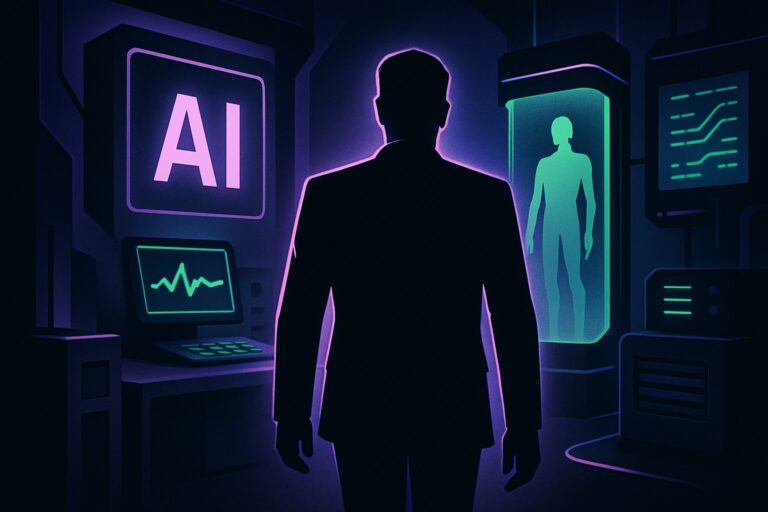 Ilustracja laboratorium AI z sylwetką lidera i neonowymi akcentami.