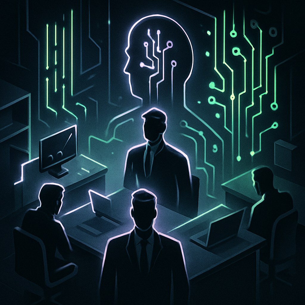 Ilustracja przedstawiająca futurystyczne biuro z nowym liderem AI w stylu 2.5D.