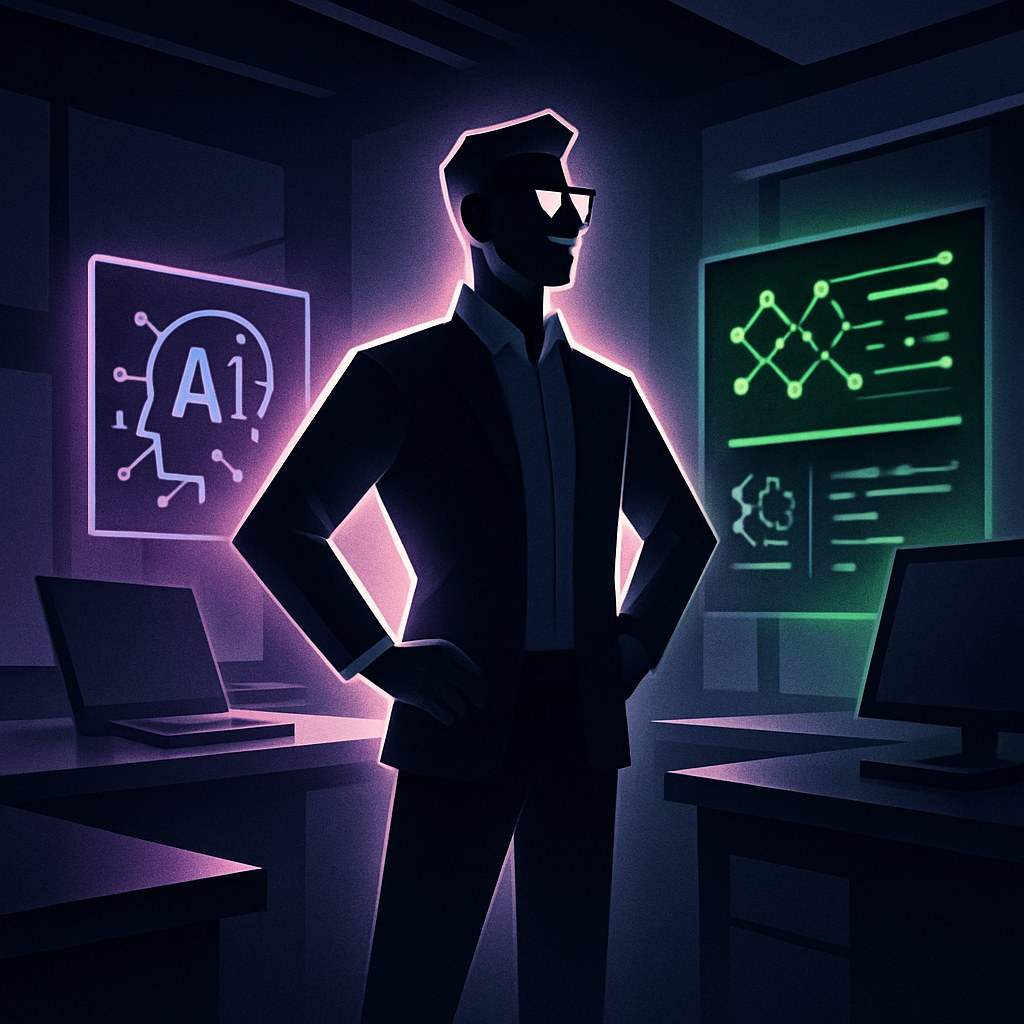 Ilustracja przedstawiająca futurystyczne biuro z postacią lidera technologii i hologramami AI.