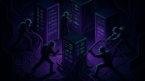 Ilustracja przedstawiająca nowoczesne centrum danych z neonowymi akcentami.