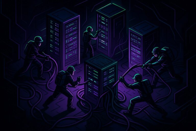 Ilustracja przedstawiająca nowoczesne centrum danych z neonowymi akcentami.