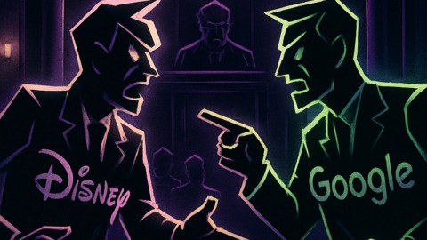 Abstrakcyjna scena w sądzie, przedstawiająca spór o prawa autorskie między dwoma figurami.