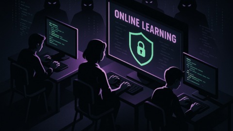 Ilustracja przedstawiająca cyfrową klasę z uczniami i zagrożeniem cyberprzestępczości.