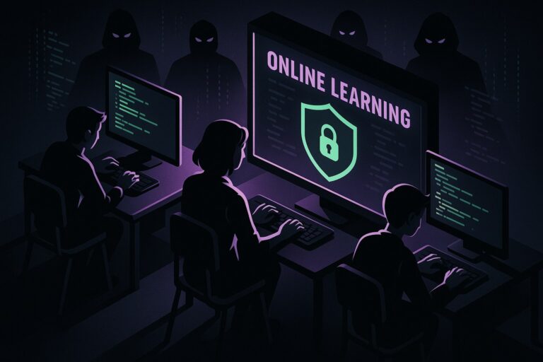 Ilustracja przedstawiająca cyfrową klasę z uczniami i zagrożeniem cyberprzestępczości.