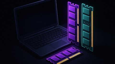 Ilustracja przedstawiająca moduły RAM w laptopie DIY na ciemnym tle.