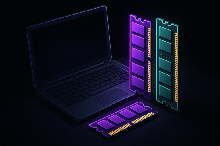 Ilustracja przedstawiająca moduły RAM w laptopie DIY na ciemnym tle.