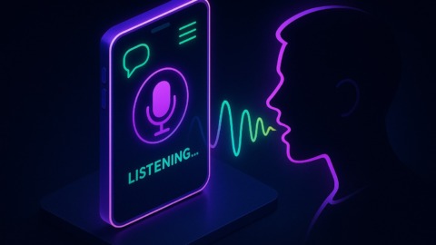 Futurystyczna ilustracja asystenta głosowego na smartfonie w ciemnej kolorystyce.