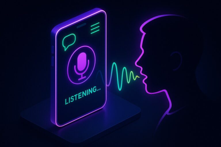 Futurystyczna ilustracja asystenta głosowego na smartfonie w ciemnej kolorystyce.