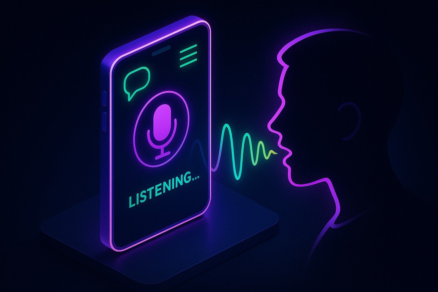 Futurystyczna ilustracja asystenta głosowego na smartfonie w ciemnej kolorystyce.
