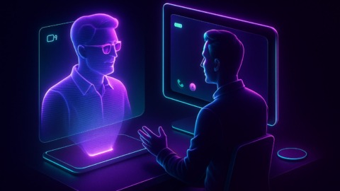 Futurystyczna scena wideorozmowy 3D z postaciami i holograficznymi elementami.