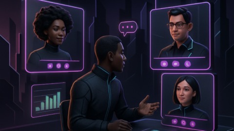 Futurystyczna scena wideorozmowy w stylu 2.5D z różnorodnymi awatarami.