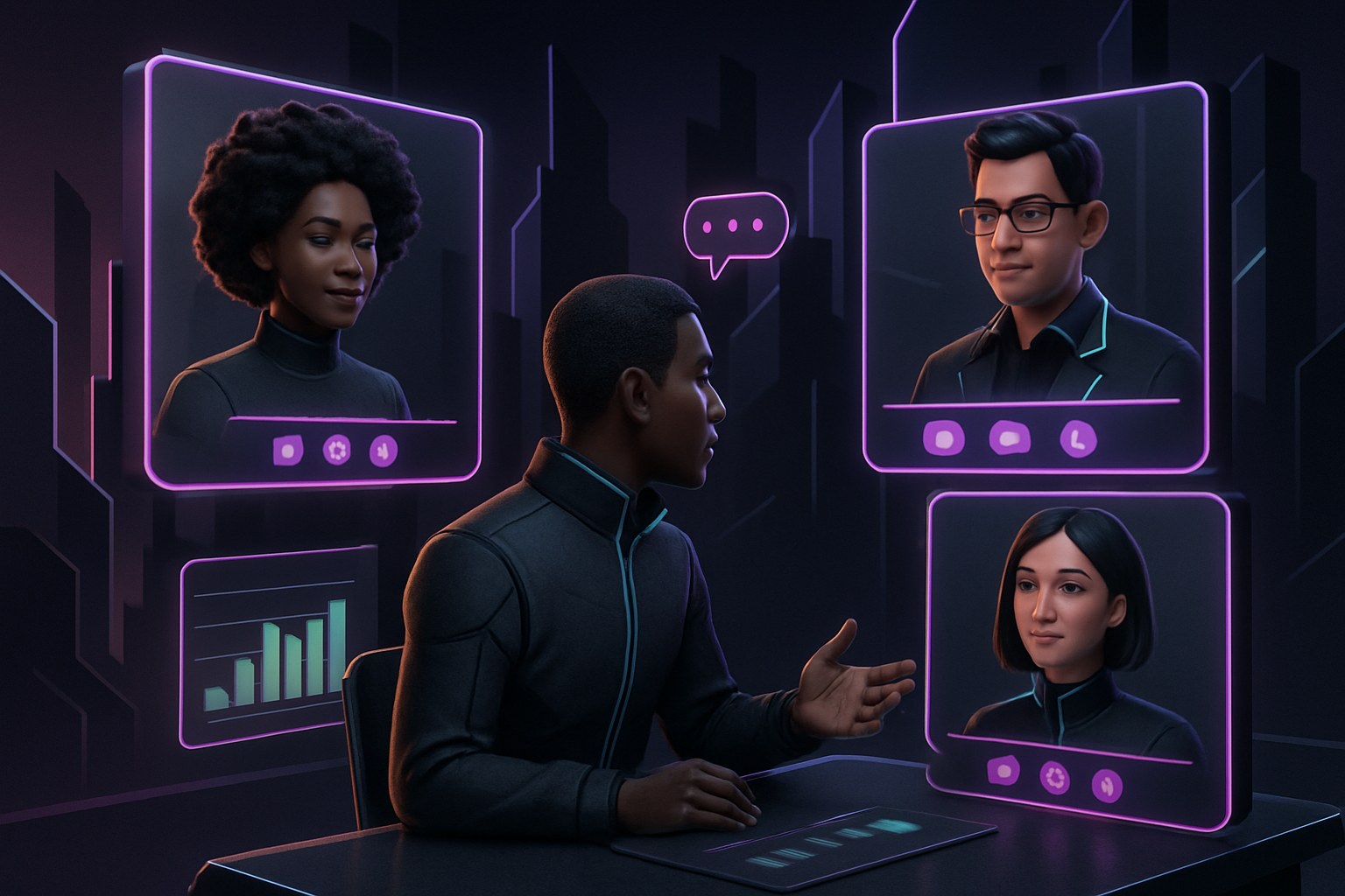 Futurystyczna scena wideorozmowy w stylu 2.5D z różnorodnymi awatarami.
