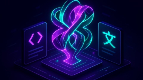 Ilustracja przedstawiająca futurystyczny interfejs tłumaczenia w stylu 2.5D.