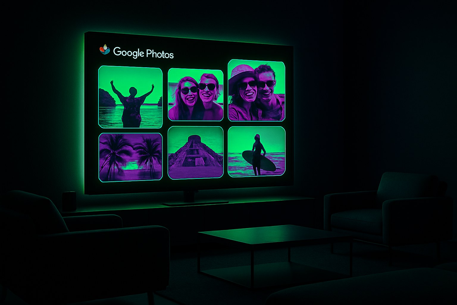 Nowoczesny salon z dużym telewizorem wyświetlającym zdjęcia z wakacji.