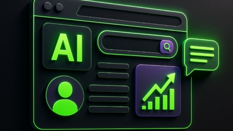 Ilustracja przedstawiająca interfejs przeglądarki z funkcjami AI w futurystycznym stylu.