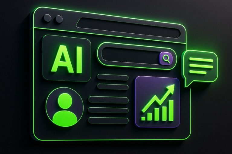 Ilustracja przedstawiająca interfejs przeglądarki z funkcjami AI w futurystycznym stylu.